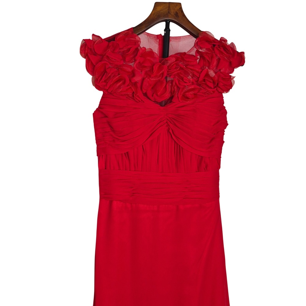 Evening Gown Red Floral Applique Ruched Formal Prom Dress Small Hollywood Train